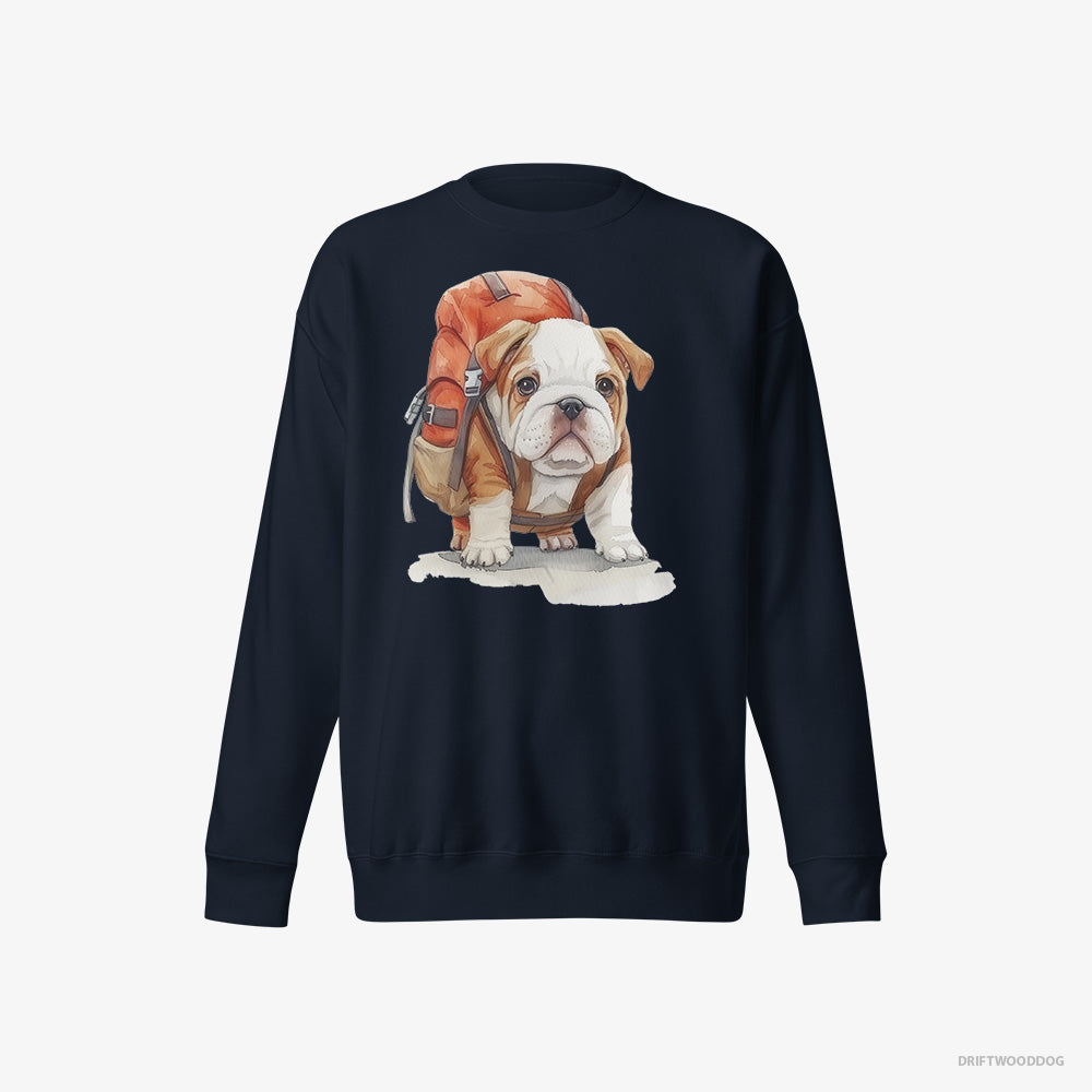 Bulldog Sweatshirt – Women Navy Sweatshirt Eco-Friendly – Puppy Hiking (on White Background)