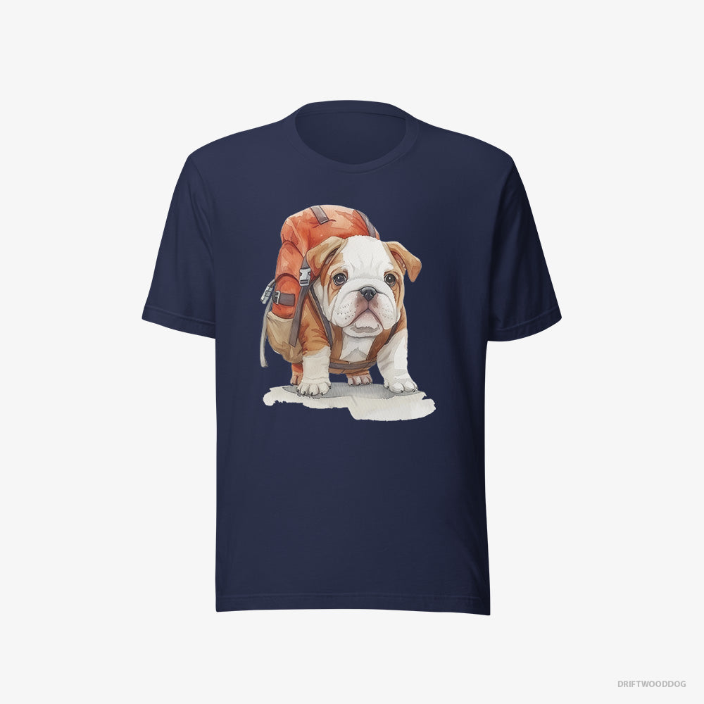 Bulldog T-Shirt – Women Navy T-Shirt Eco-Friendly – Puppy Hiking (on White Background)