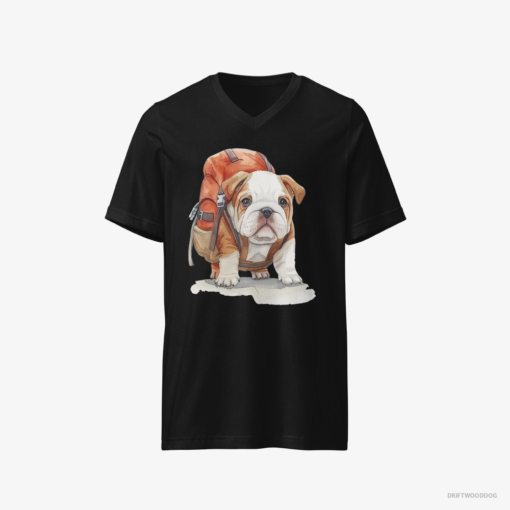 Bulldog T-Shirt – Men Black T-Shirt V-Neck – Puppy Hiking (on White Background)