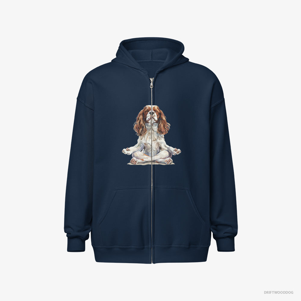 Cavalier King Charles Spaniel Hoodie – Men Navy Hoodie Full-Zip – Doing Yoga (on White Background)