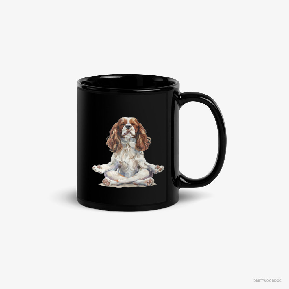 Cavalier King Charles Spaniel Mug – Unisex Black Mug Classic – Doing Yoga (on White Background)