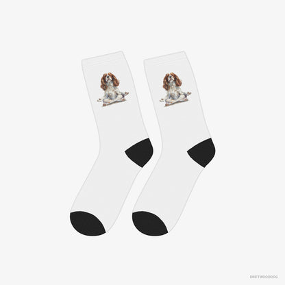 Cavalier King Charles Spaniel Socks – Unisex White Socks Classic – Doing Yoga (on White Background)