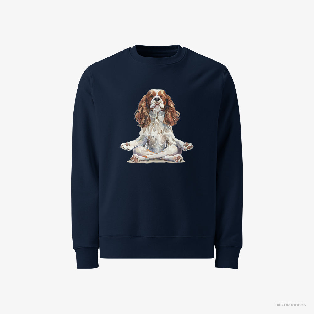 Cavalier King Charles Spaniel Sweatshirt – Women Navy Sweatshirt Classic – Doing Yoga (on White Background)