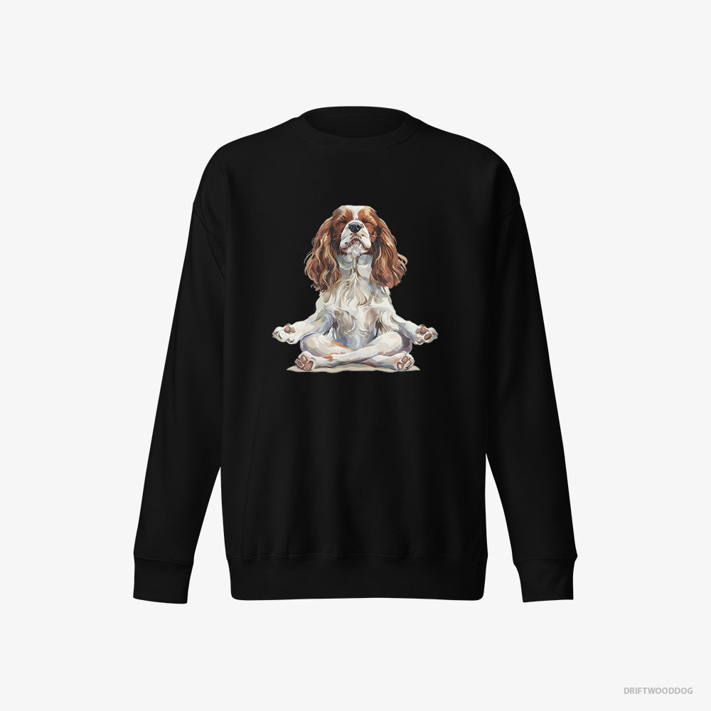 Cavalier King Charles Spaniel Sweatshirt – Men Black Sweatshirt Eco-Friendly – Doing Yoga (on White Background)