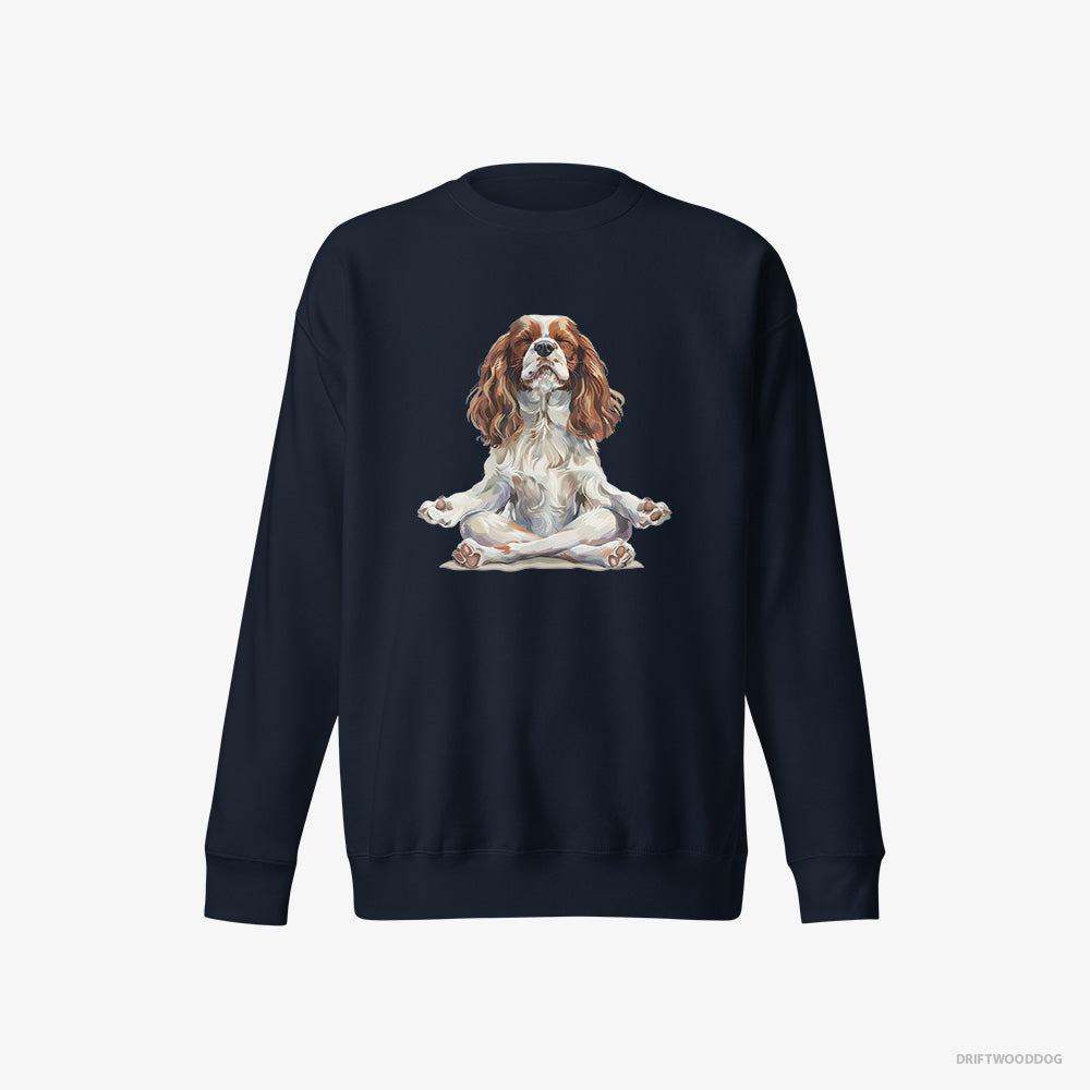 Cavalier King Charles Spaniel Sweatshirt – Women Navy Sweatshirt Eco-Friendly – Doing Yoga (on White Background)