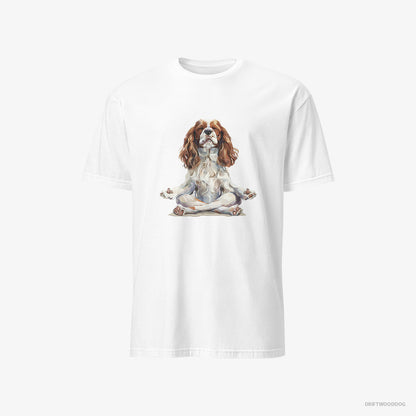 Cavalier King Charles Spaniel T-Shirt – Men White T-Shirt Classic – Doing Yoga (on White Background)