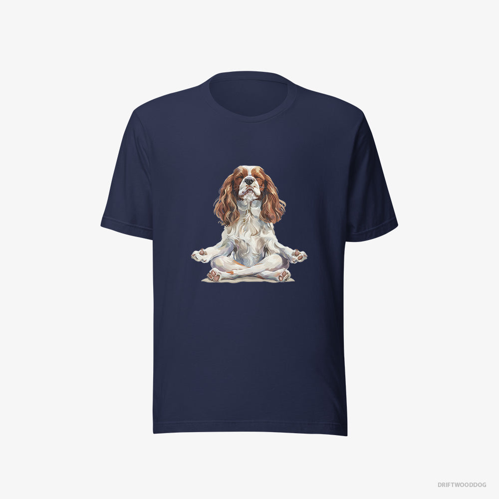 Cavalier King Charles Spaniel T-Shirt – Men Navy T-Shirt Eco-Friendly – Doing Yoga (on White Background)