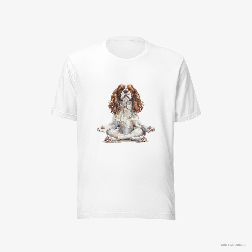 Cavalier King Charles Spaniel T-Shirt – Men White T-Shirt Eco-Friendly – Doing Yoga (on White Background)