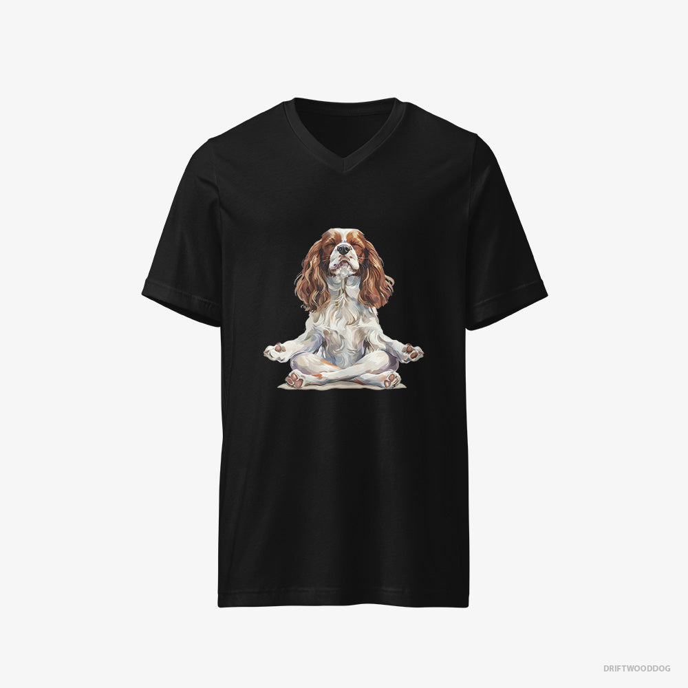 Cavalier King Charles Spaniel T-Shirt – Men Black T-Shirt V-Neck – Doing Yoga (on White Background)