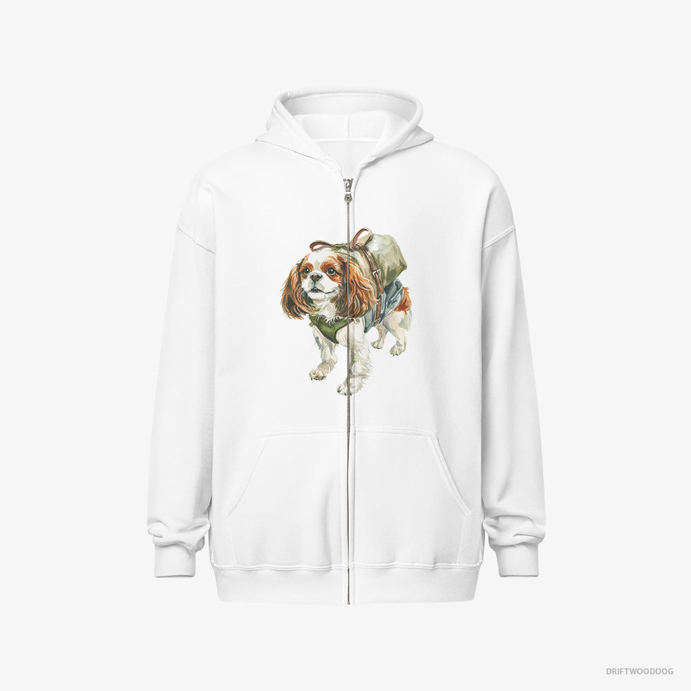 Cavalier King Charles Spaniel Hoodie – Men White Hoodie Full-Zip – Hiking (on White Background)