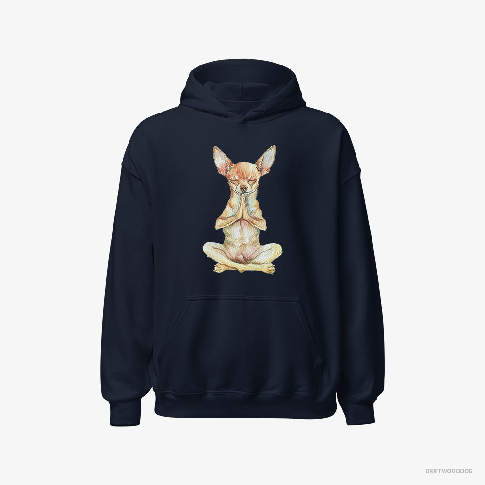 Chihuahua Hoodie – Women Navy Hoodie Classic – Doing Yoga (on White Background)