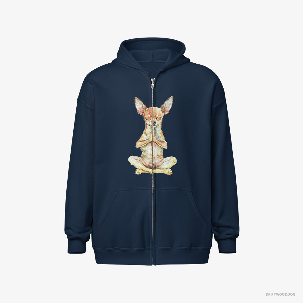 Chihuahua Hoodie – Men Navy Hoodie Full-Zip – Doing Yoga (on White Background)