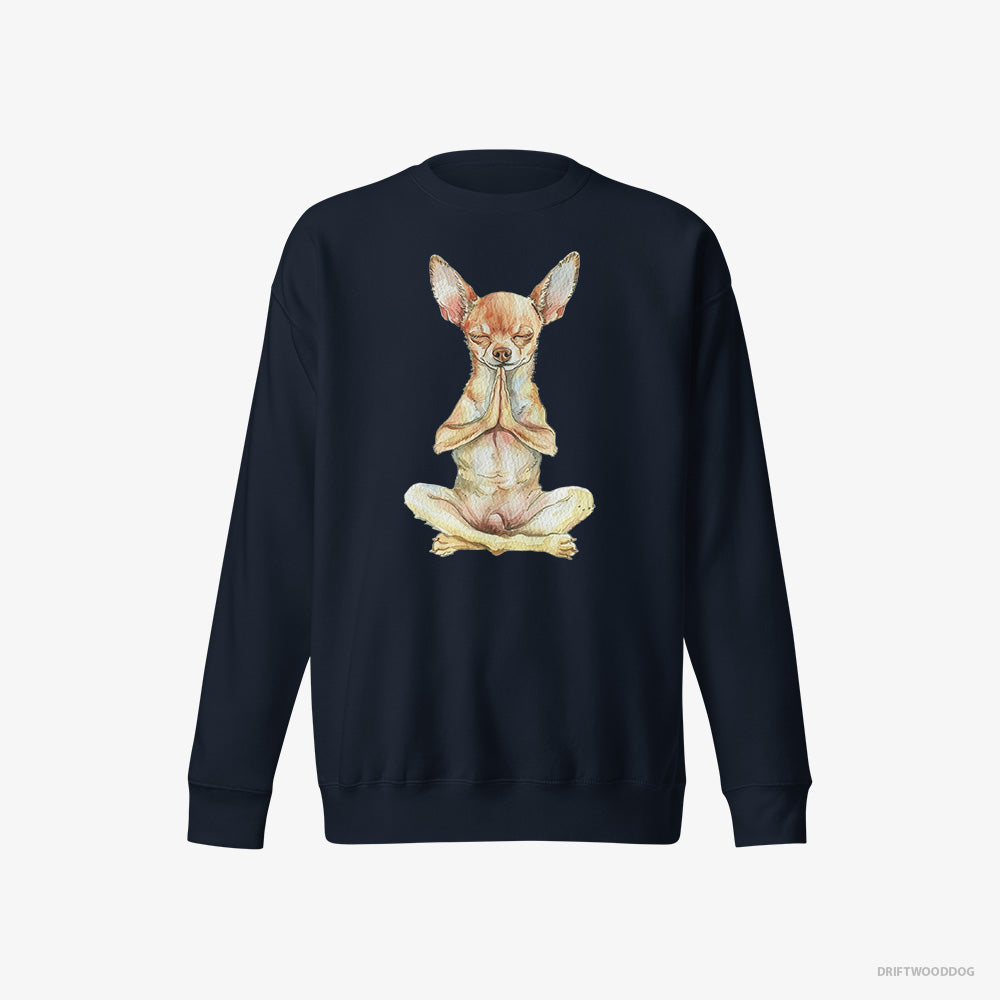 Chihuahua Sweatshirt – Women Navy Sweatshirt Eco-Friendly – Doing Yoga (on White Background)