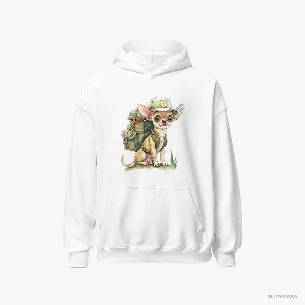 Chihuahua Hoodie – Men White Hoodie Classic – Ready for Hiking (on White Background)