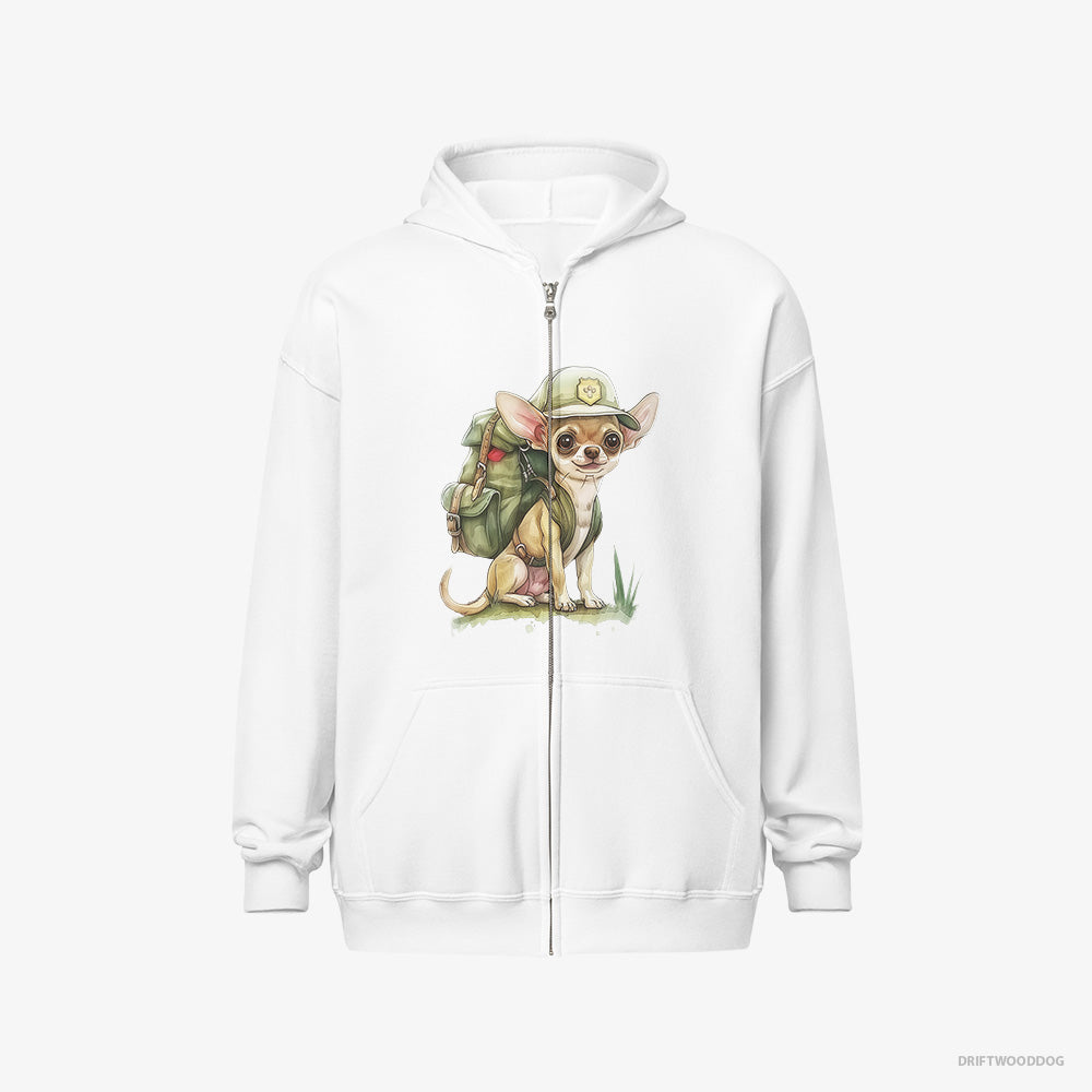 Chihuahua Hoodie – Men White Hoodie Full-Zip – Ready for Hiking (on White Background)