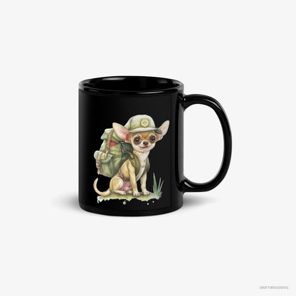 Chihuahua Mug – Unisex Black Mug Classic – Ready for Hiking (on White Background)