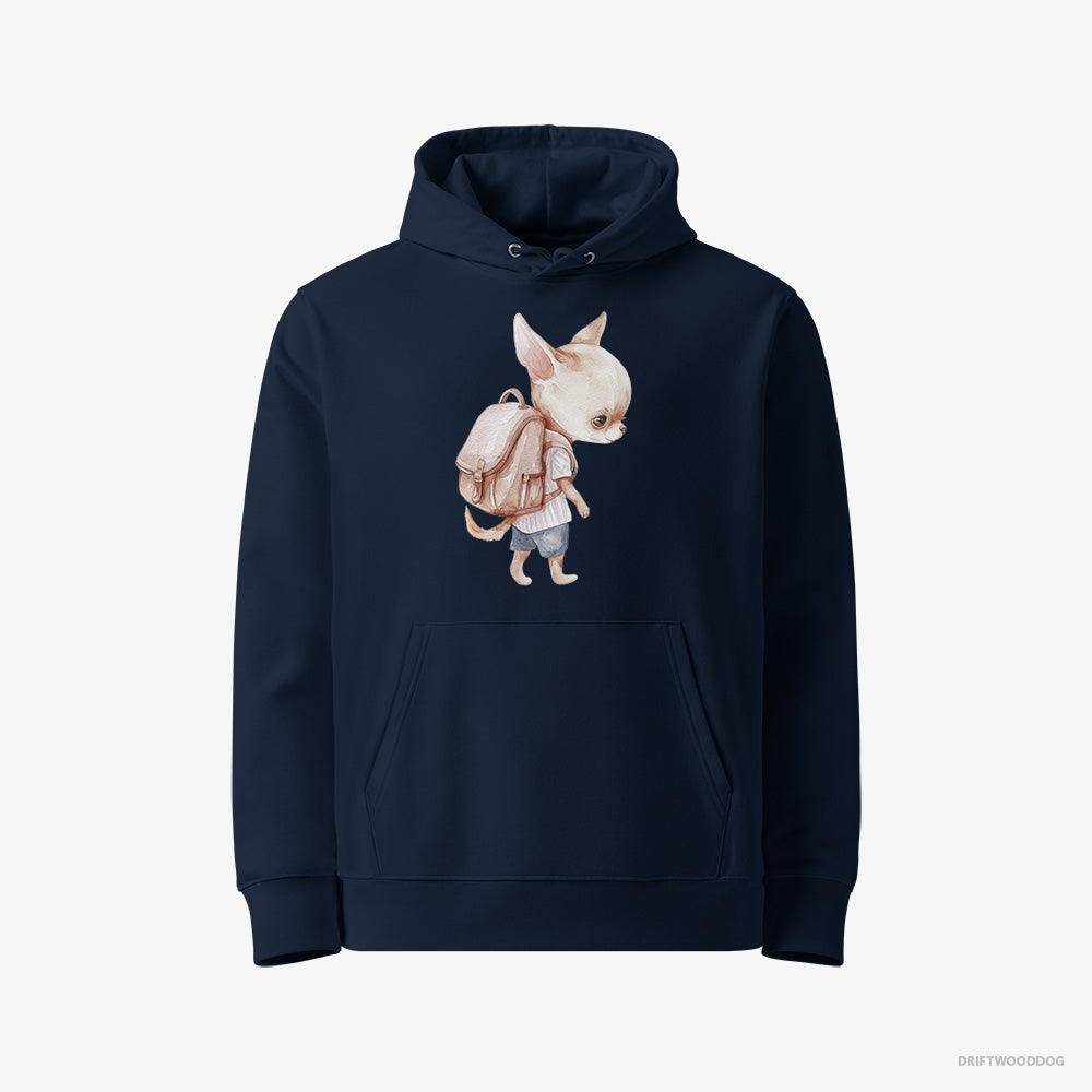 Chihuahua Hoodie – Women Navy Hoodie Eco-Friendly – Rambling with a Rucksack (on White Background)