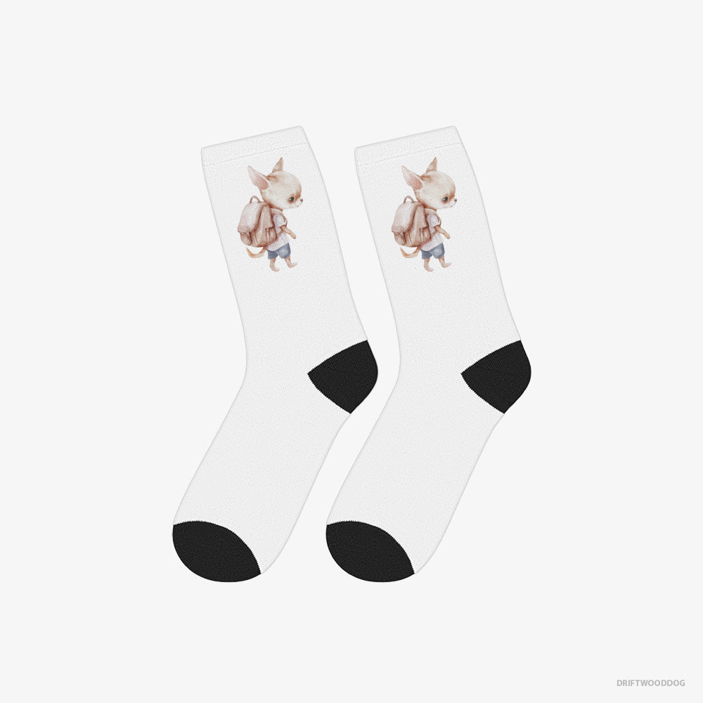 Chihuahua Socks – Unisex White Socks Classic – Rambling with a Rucksack (on White Background)