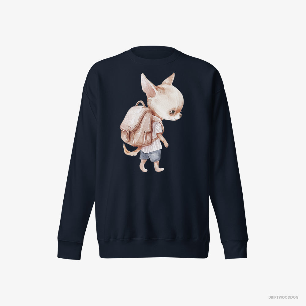 Chihuahua Sweatshirt – Men Navy Sweatshirt Eco-Friendly – Rambling with a Rucksack (on White Background)