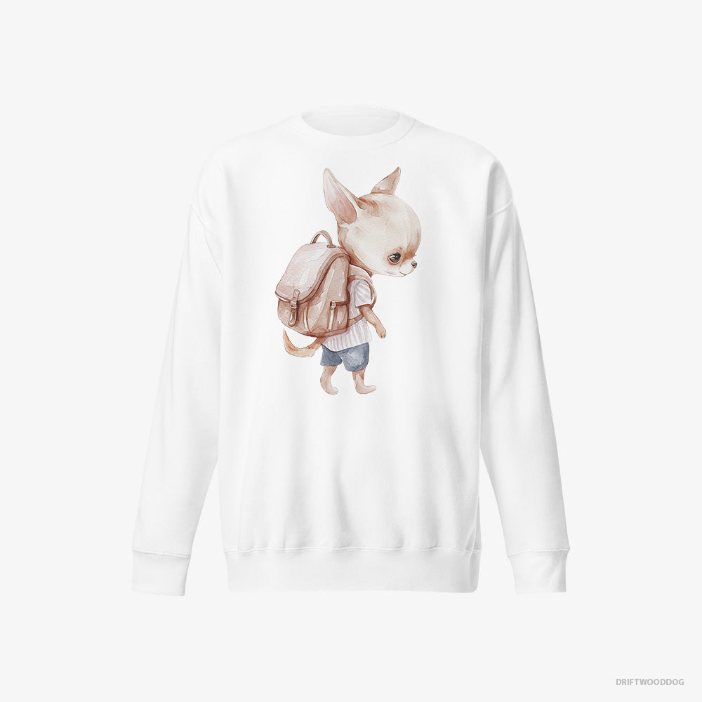 Chihuahua Sweatshirt – Men White Sweatshirt Eco-Friendly – Rambling with a Rucksack (on White Background)