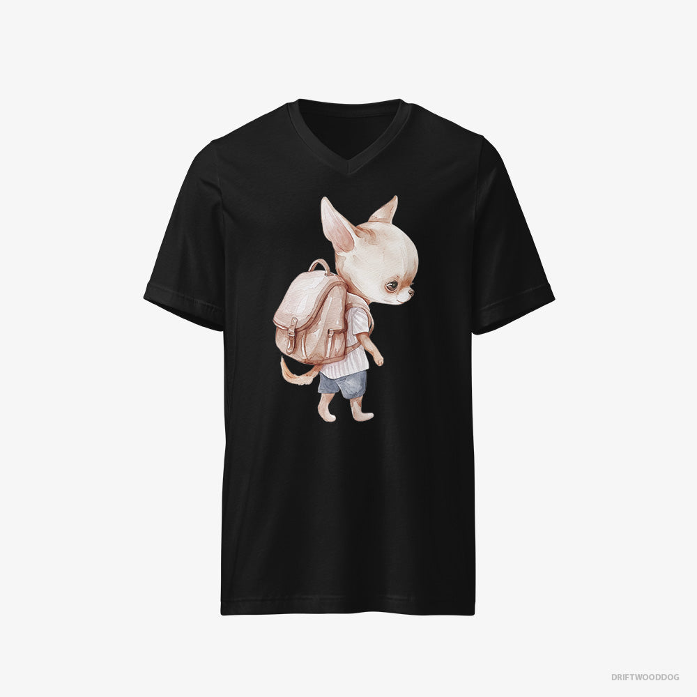 Chihuahua T-Shirt – Men Black T-Shirt V-Neck – Rambling with a Rucksack (on White Background)