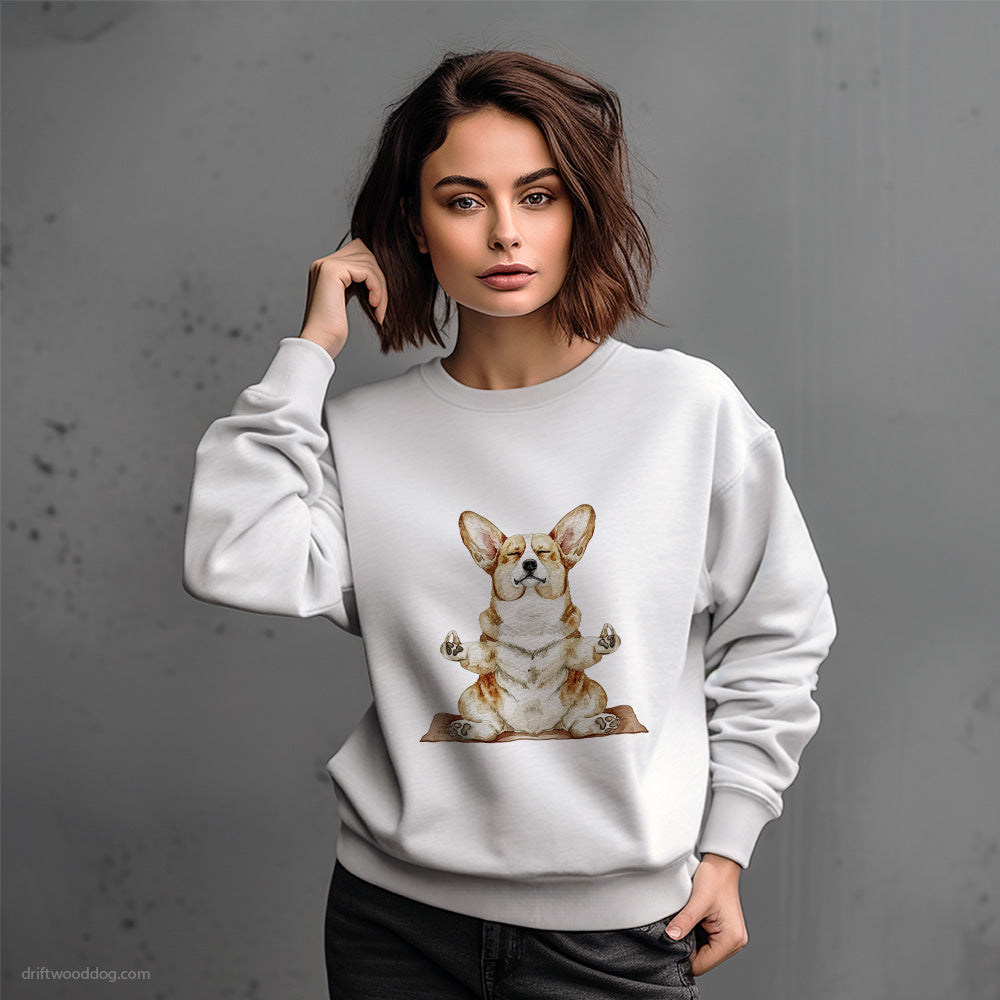 Deep in Thought Corgi Doing Yoga Sweatshirt – Dog-Themed Gifts for Dog Lovers