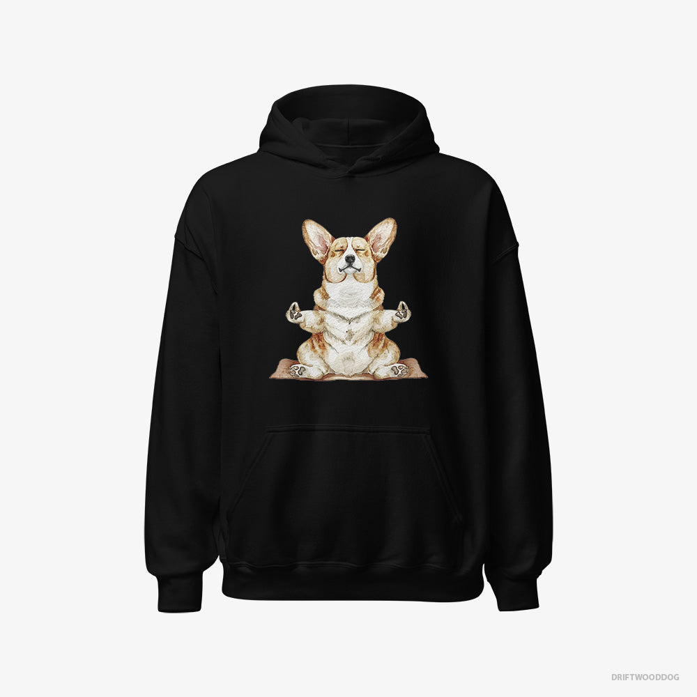 Corgi Hoodie – Men Black Hoodie Classic – Doing Yoga (on White Background)