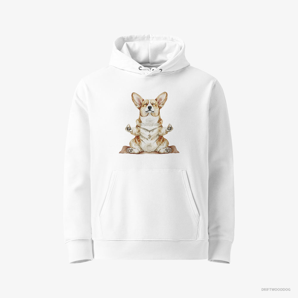 Corgi Hoodie – Women White Hoodie Eco-Friendly – Doing Yoga (on White Background)