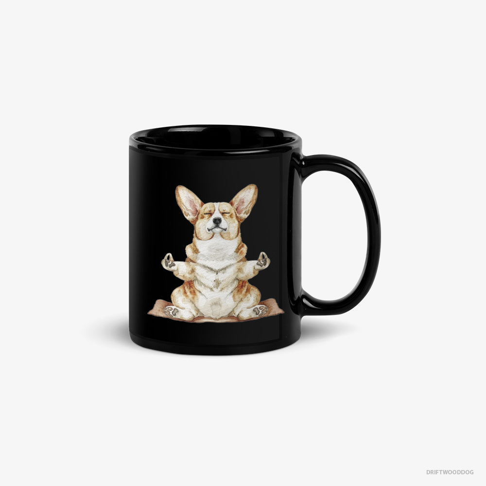 Corgi Mug – Unisex Black Mug Classic – Doing Yoga (on White Background)