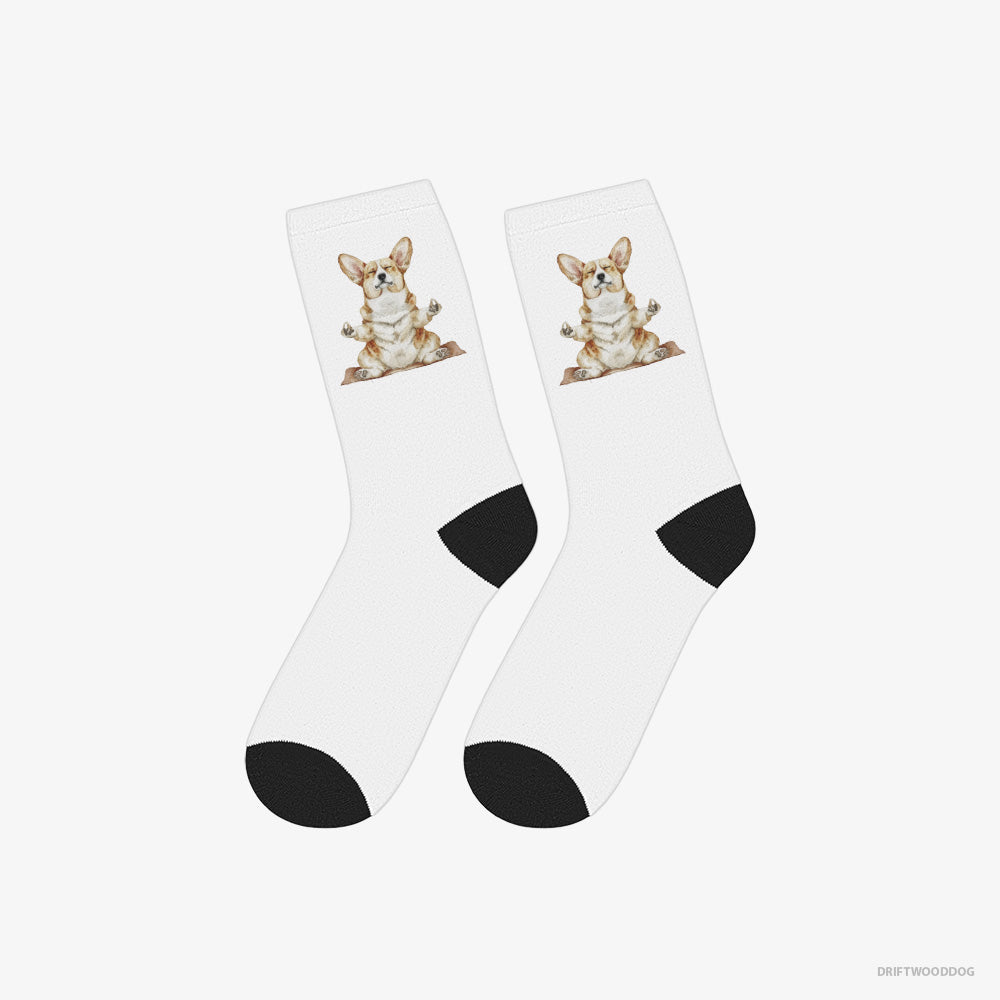 Corgi Socks – Unisex White Socks Classic – Doing Yoga (on White Background)