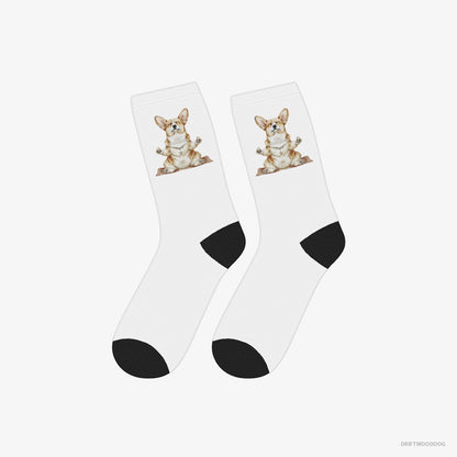 Corgi Socks – Unisex White Socks Eco-Friendly – Doing Yoga (on White Background)