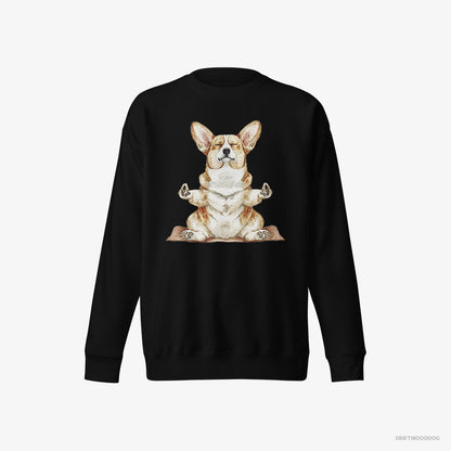 Corgi Sweatshirt – Men Black Sweatshirt Eco-Friendly – Doing Yoga (on White Background)