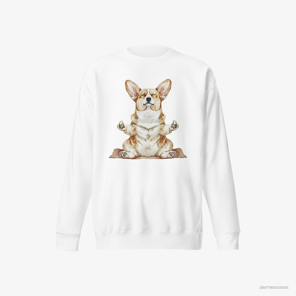 Corgi Sweatshirt – Men White Sweatshirt Eco-Friendly – Doing Yoga (on White Background)