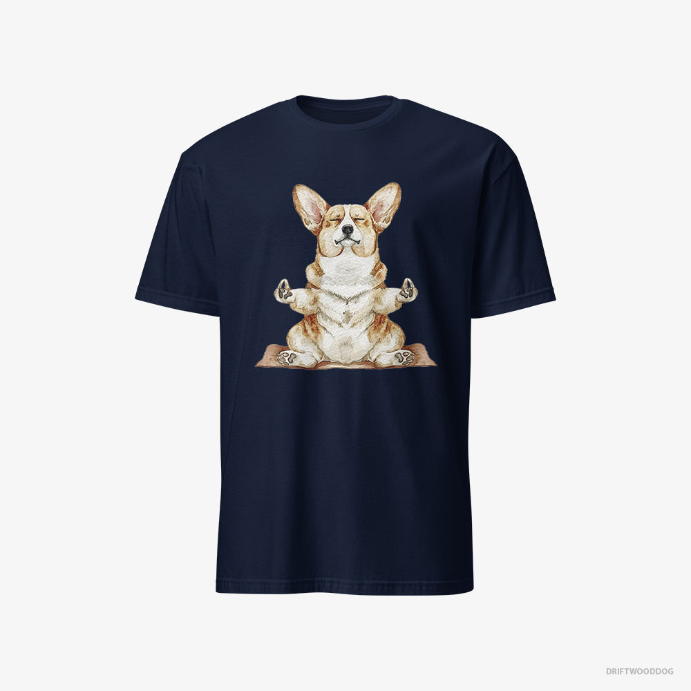 Corgi T-Shirt – Men Navy T-Shirt Classic – Doing Yoga (on White Background)