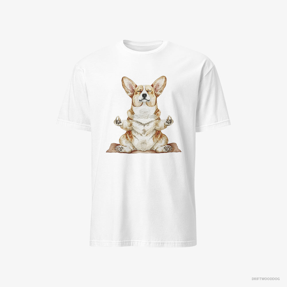 Corgi T-Shirt – Men White T-Shirt Classic – Doing Yoga (on White Background)