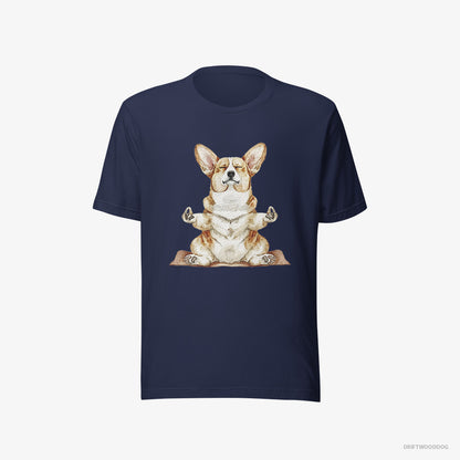 Corgi T-Shirt – Men Navy T-Shirt Eco-Friendly – Doing Yoga (on White Background)