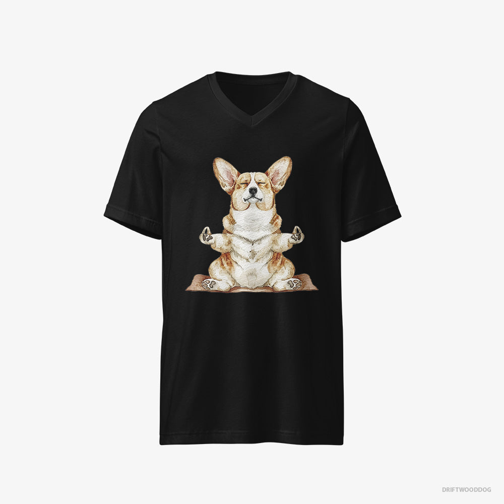 Corgi T-Shirt – Men Black T-Shirt V-Neck – Doing Yoga (on White Background)