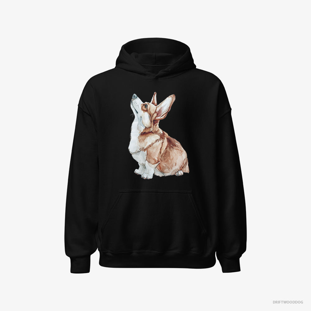 Corgi Hoodie – Women Black Hoodie Classic – Looking Up (on White Background)