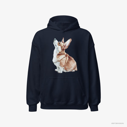 Corgi Hoodie – Women Navy Hoodie Classic – Looking Up (on White Background)