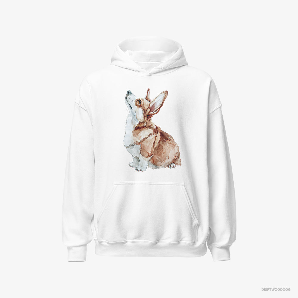 Corgi Hoodie – Women White Hoodie Classic – Looking Up (on White Background)