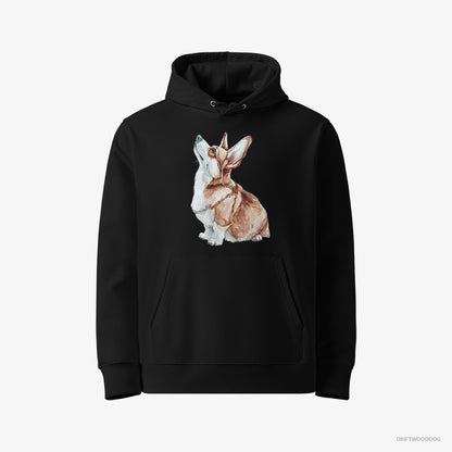 Corgi Hoodie – Women Black Hoodie Eco-Friendly – Looking Up (on White Background)