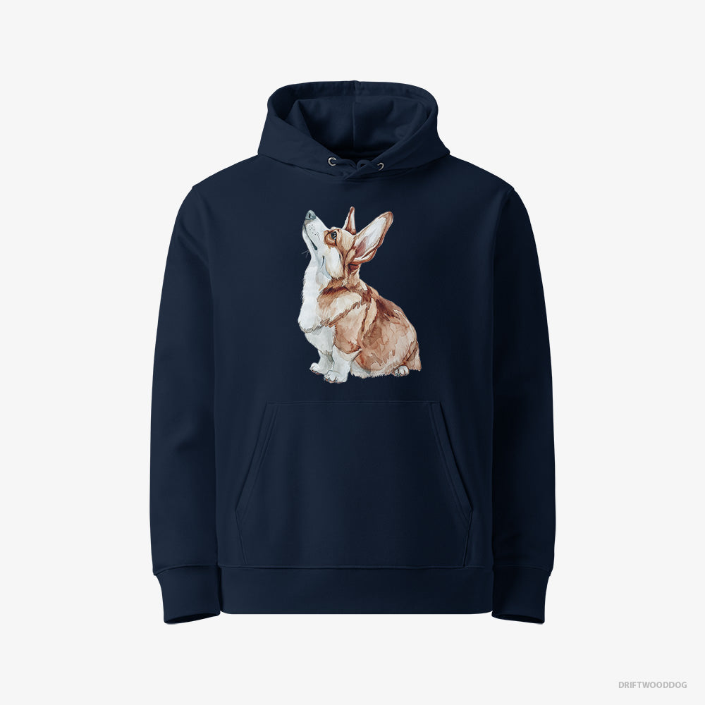 Corgi Hoodie – Men Navy Hoodie Eco-Friendly – Looking Up (on White Background)