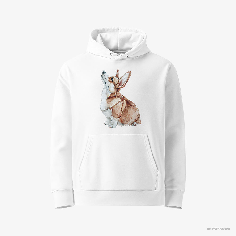 Corgi Hoodie – Women White Hoodie Eco-Friendly – Looking Up (on White Background)