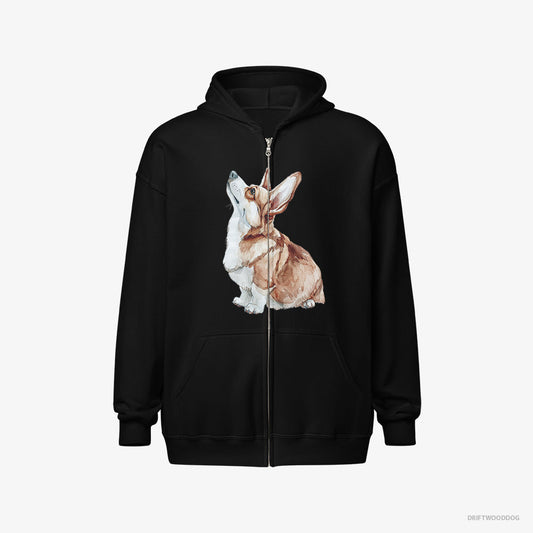 Adorable Corgi Looking Up – Women's Hoodie Black Full-Zip – Full-Zip