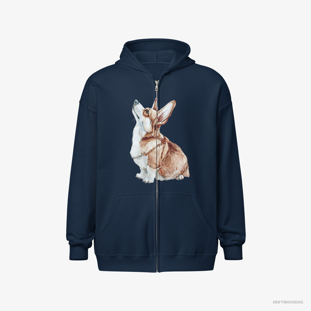 Corgi Hoodie – Women Navy Hoodie Full-Zip – Looking Up (on White Background)