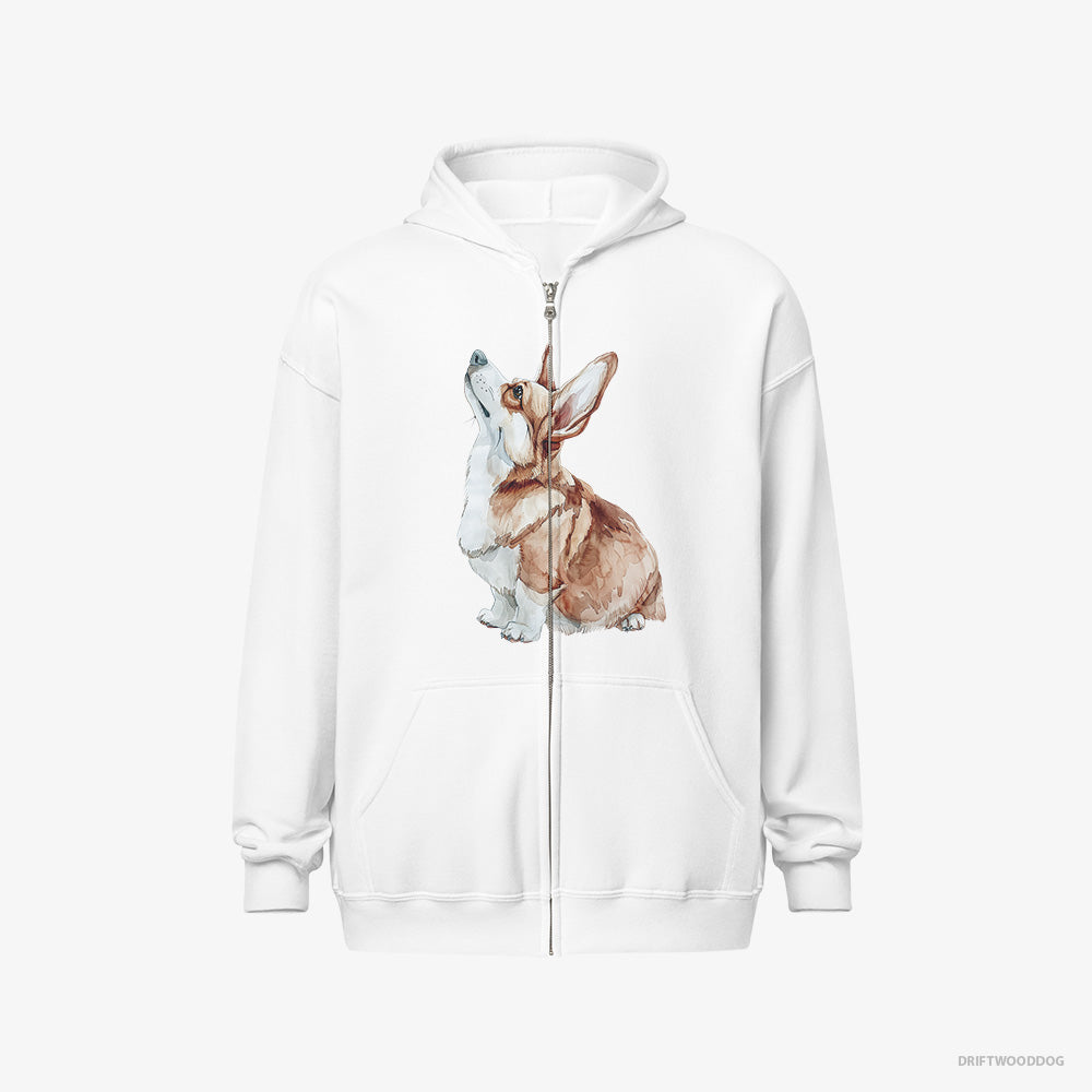 Corgi Hoodie – Women White Hoodie Full-Zip – Looking Up (on White Background)