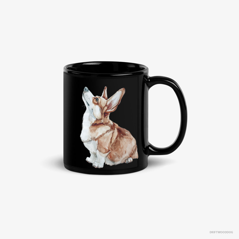 Corgi Mug – Unisex Black Mug Classic – Looking Up (on White Background)