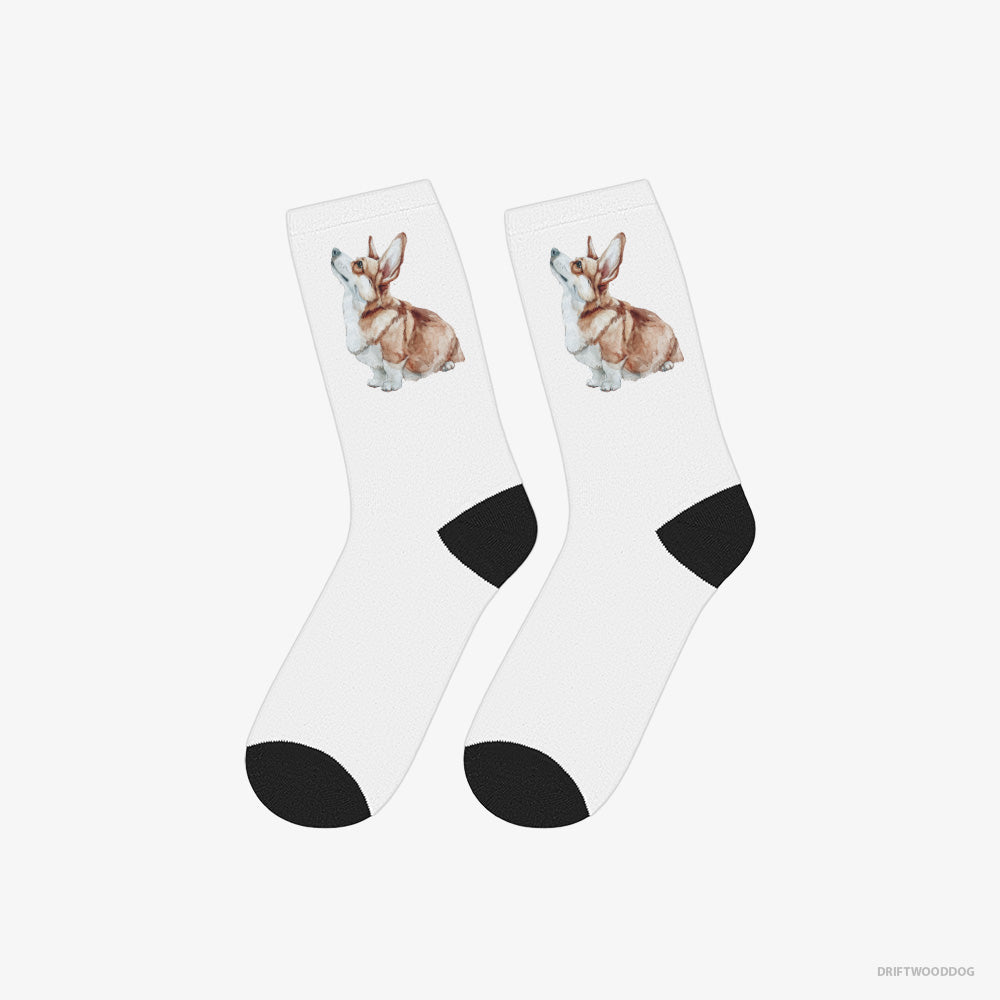 Corgi Socks – Unisex White Socks Classic – Looking Up (on White Background)