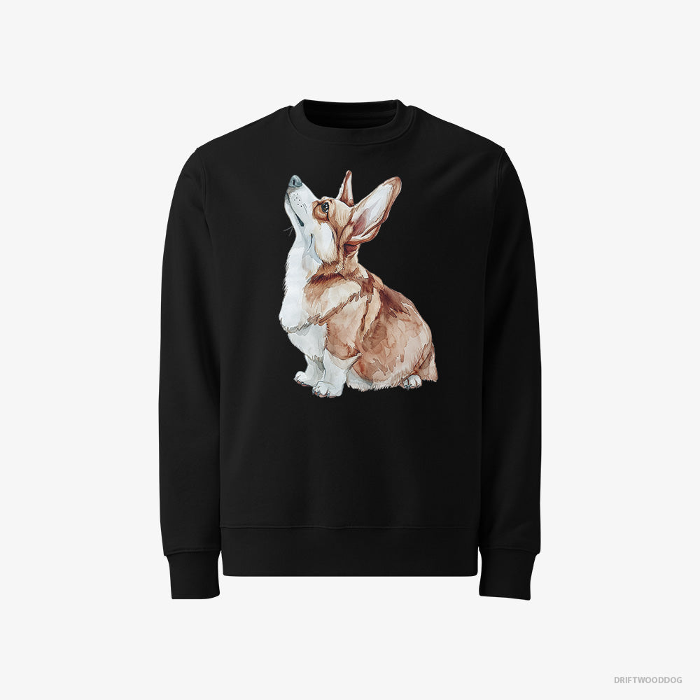 Corgi Sweatshirt – Women Black Sweatshirt Classic – Looking Up (on White Background)