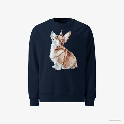 Corgi Sweatshirt – Women Navy Sweatshirt Classic – Looking Up (on White Background)